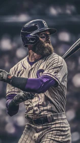Bearded baseball batter waits for pitch in striped uniform