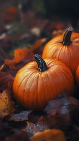 Pumpkins resting in dewy autumn leaves at golden dusk.