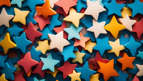 Colorful overlapping star shapes form bold abstract field.