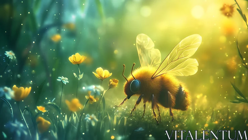 Golden bee rests in glowing meadow of tiny wildflowers
