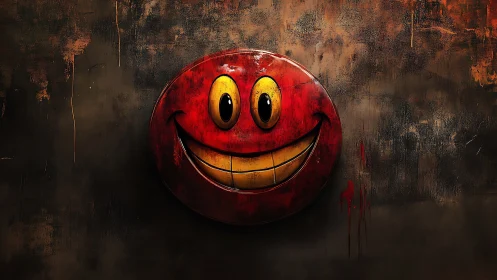 Playfully eerie red smiley face brightening a grungy wall.