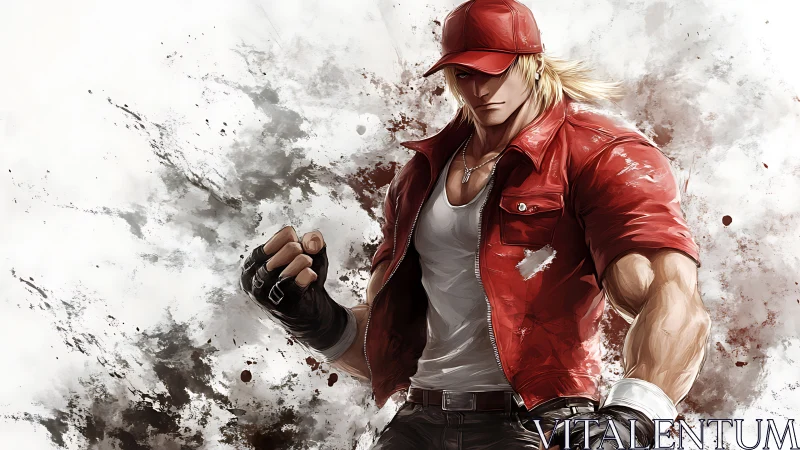 Martial artist in red jacket rendered with dynamic digital brushwork