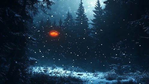 UFO glows over snowy conifer forest under midnight snowfall.