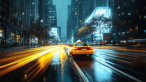 Neon rain sprint with a yellow taxi carving light rivers.