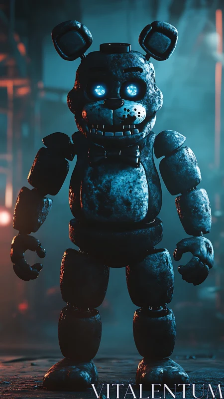Rustic blue robot bear with glowing eyes in factory scene.