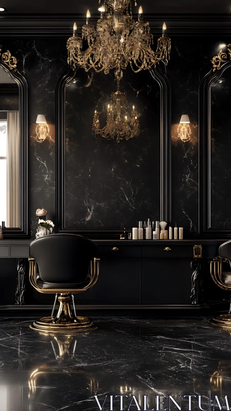 Luxurious black salon interior showcases gold detailing