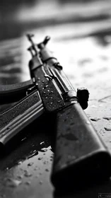 Wet assault rifle on reflective surface under shallow depth of field