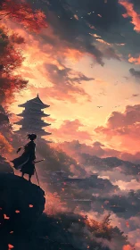 Samurai overlooking misty valley at dramatic sunset.