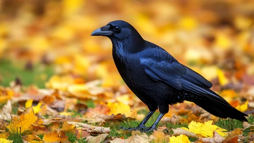 Majestic black raven on autumn leaves, vibrant nature photography.
