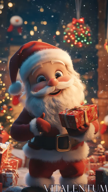 Stylized 3D Santa character holds wrapped gift amid bokeh lights
