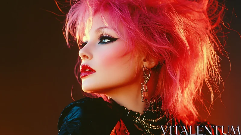 Vivid portrait of woman with neon pink hair and bold makeup.