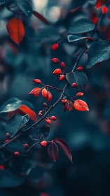 Macro telephoto study of red berries on blue-green foliage