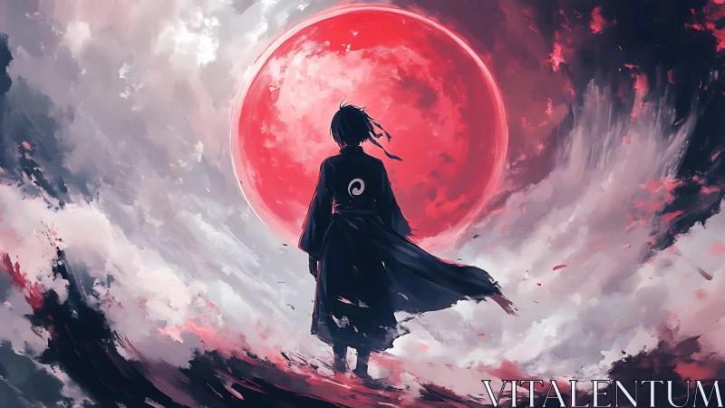 Digital painting of lone warrior before red lunar vortex.