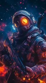 Ember-eyed space commando stalks through a storm of sparks