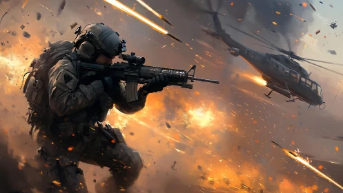 Soldier advances under fire as helicopter roars through chaos.