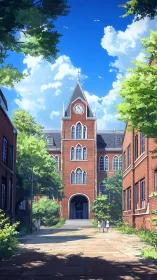 Anime courtyard with neo-gothic brick clocktower facade.