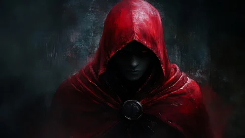 Brooding hooded figure in crimson cloak amid deep shadows.