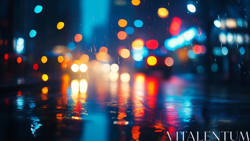 Neon city lights shimmer through rain on a reflective street