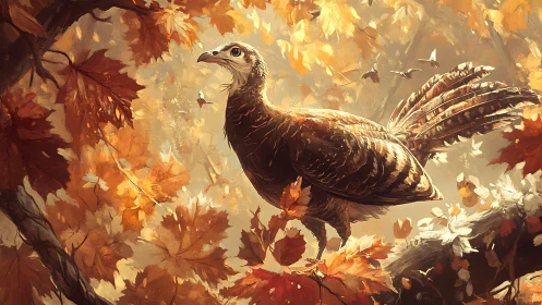 Wild Turkey in Autumn Forest, Realistic Digital Painting Style.