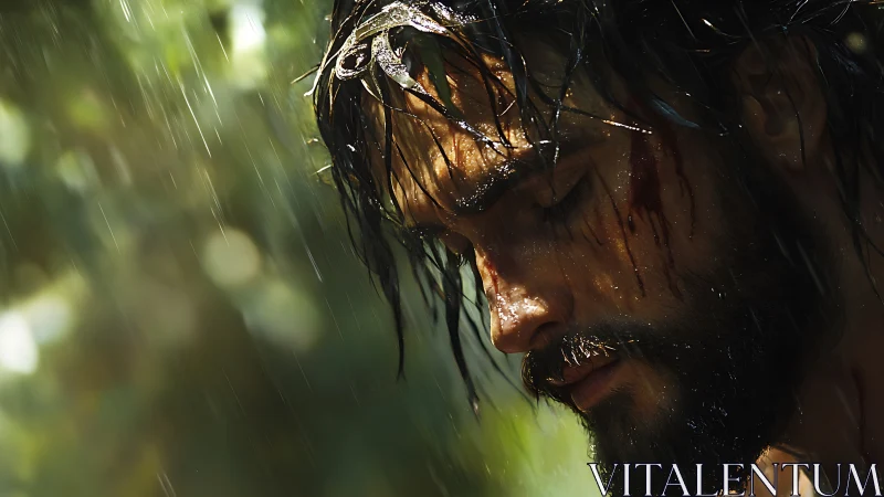 Rain-soaked wounded man in forest bokeh, high-detail close-up