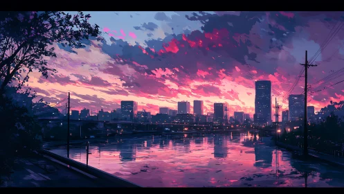 Neon sunset washes a quiet riverside city in vivid glow