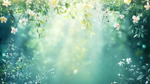 Serene Garden with Cascading Flowers and Bokeh Lights.