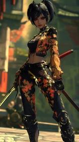 Digital warrior character holds twin swords in urban setting