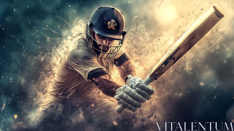 Cricket batter in dynamic swing with glowing energy trail.