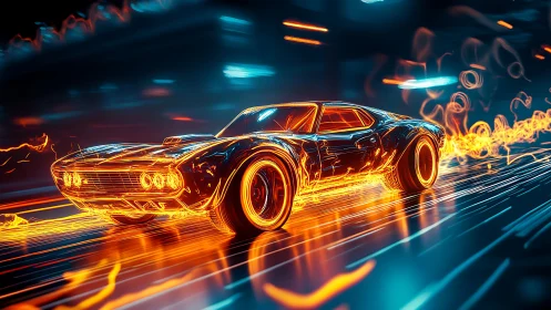Retro-styled sports car rendered in neon motion lines.