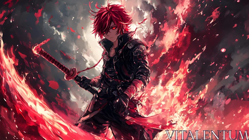 Red haired swordsman in black coat amid swirling flames.