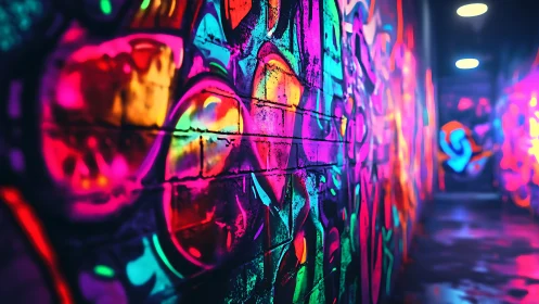 Neon-drenched graffiti alleyway in vibrant urban glow.
