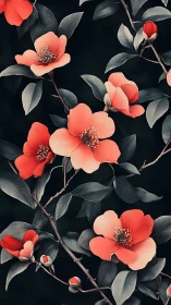 Coral Flowers with Dark Foliage on Branches.