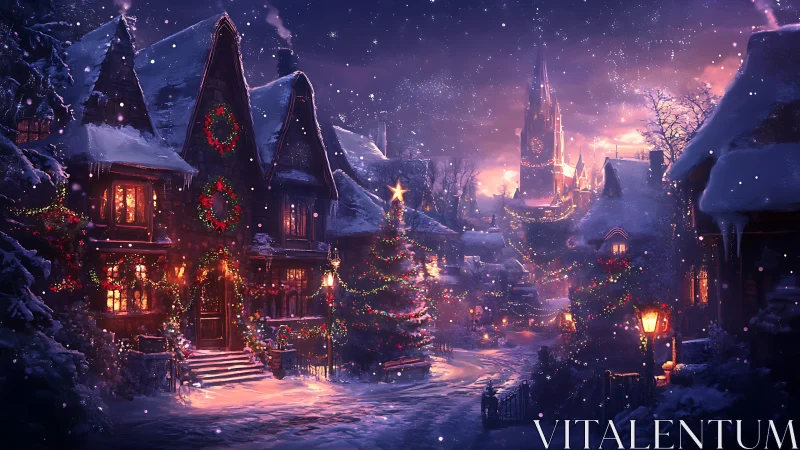 Snow-covered village street with seasonal lights at night.