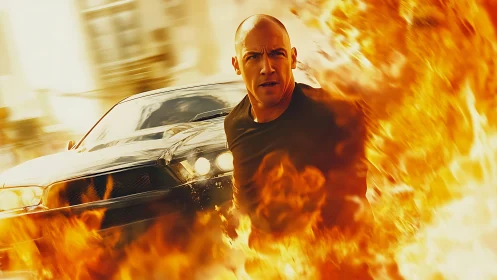 High-intensity photorealistic action portrait in firestorm framing.