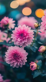 Pink Dahlias in Soft Focus Garden Setting.