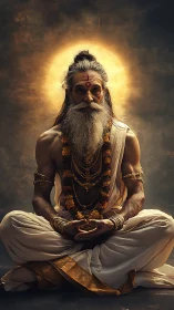 Radiant sage in golden aura poised between silence and storm.