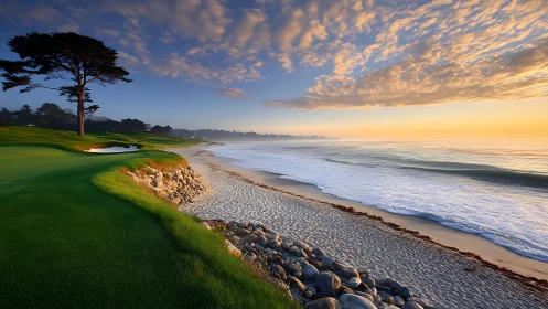 Coastal golf fairway at sunrise beside tranquil surf.
