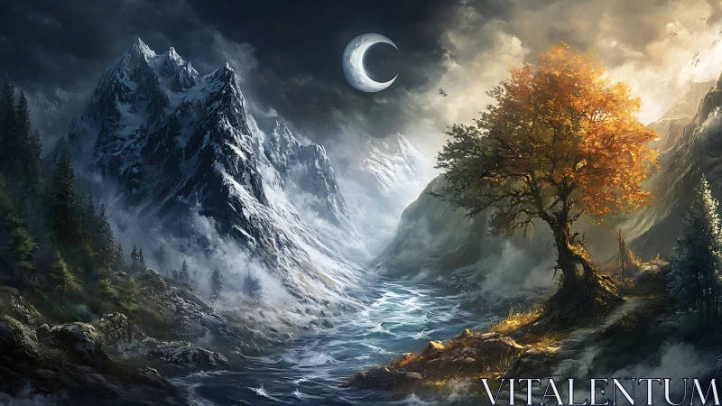 Moonlit river divides stormborn peaks and emberbright tree