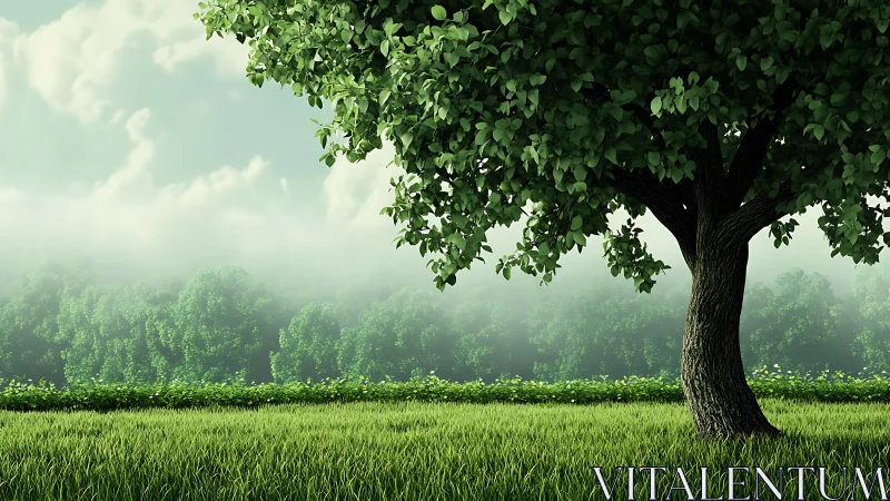 Photorealistic lone tree anchors a misty layered landscape