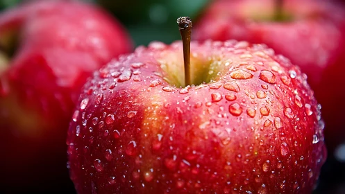 Red apple close-up with water droplets in sharp focus.