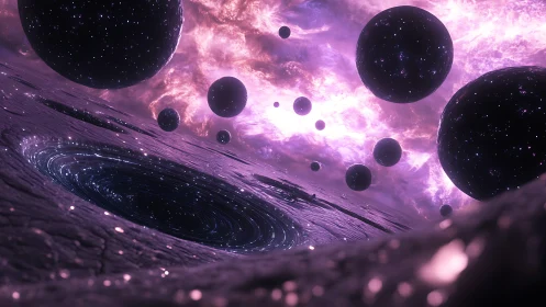 Violet cosmic void pulls star-filled spheres toward warped plane