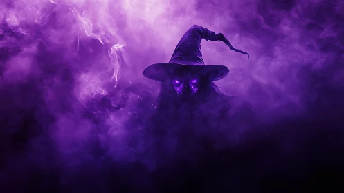 Purple spectral witch emerging through swirling smoke.
