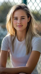 Sunlit portrait of relaxed young woman by soft-focus fence.