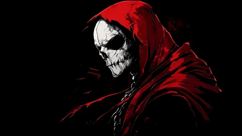 Scarlet hooded reaper brooding in stylized crimson shadows.