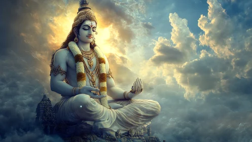 Divine blue-skinned figure meditates above detailed cloudy sky