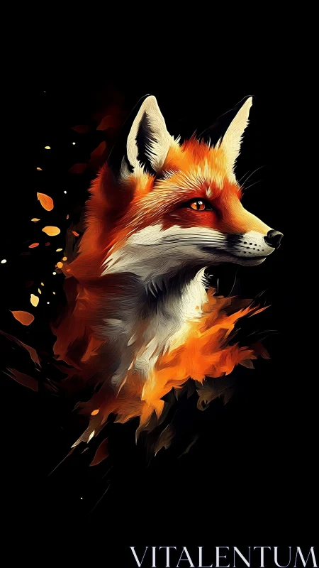 Fiery digital fox portrait on black background.