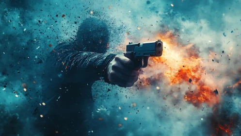 Dynamic handgun blast in cinematic digital painting composition.