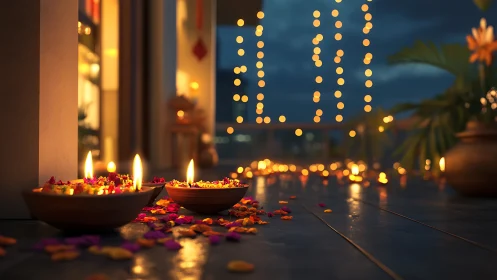 Glowing oil lamps and petals on a festive terrace night.
