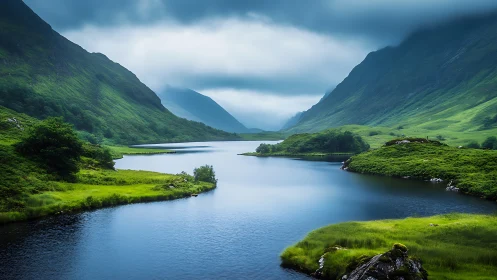 Mountain lake valley under heavy clouds and misty light.