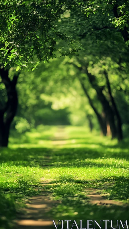 Sunlit tree tunnel framing narrow forest path walkway.